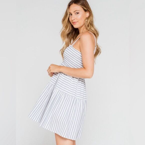 LUMIERE Urban Outfitters Stripe Smocked Blue & White Babydoll Dress Size Large - Picture 2 of 13